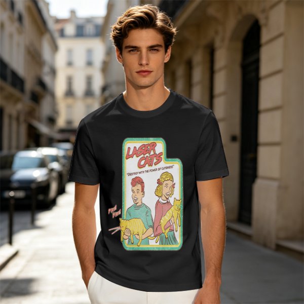 Olive graphic tee with Laser Cats retro comic print of kids holding laser cats