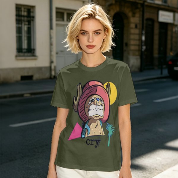 Olive T-shirt with Crying Tony Tony Chopper Graphic Print