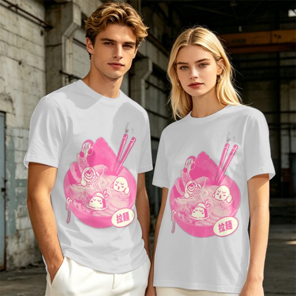 Oversized dark green t-shirt with cute pink ramen bowl graphic