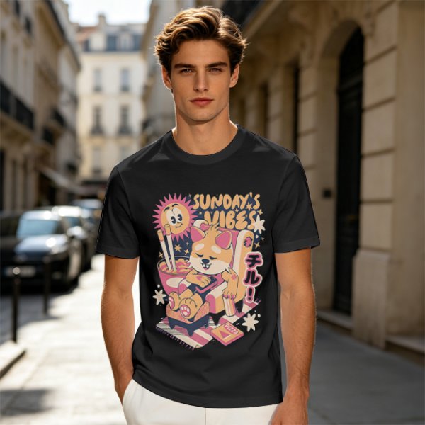 Olive t-shirt with Sunday's Vibes Shiba Inu relaxing graphic