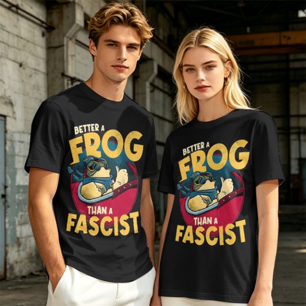 Olive graphic t-shirt with 'Better a Frog Than a Fascist' pilot frog design