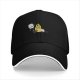 Black baseball cap with cartoon burning character and worried companion graphic