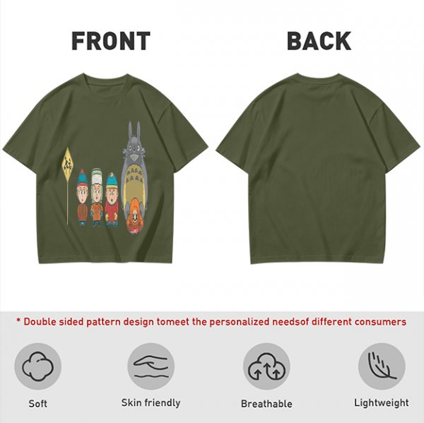 Olive T-shirt with cartoon characters print featuring Totoro and small figures