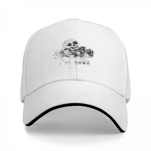Black baseball cap with skull graphic and 'i'm good' text