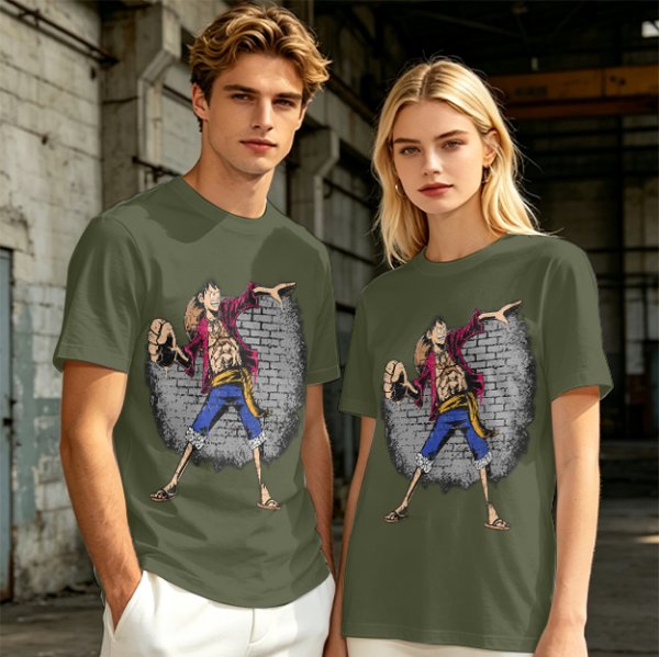 Olive T-Shirt with Monkey D Luffy Breaking Through Brick Wall Art