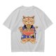 Olive T-Shirt Featuring a Cat in a Headband Eating Ramen