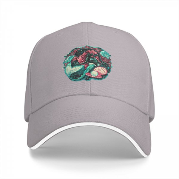 Black Baseball Cap With Mermaid And Pearl Shell Graphic