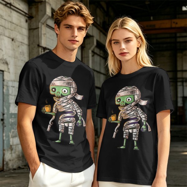 Olive T-Shirt With Cute Mummy Holding Hot Coffee Print
