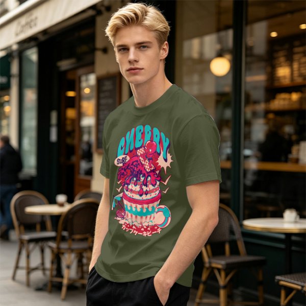 Olive T-shirt with Cherry Surf Cupcake Beach Graphic Print