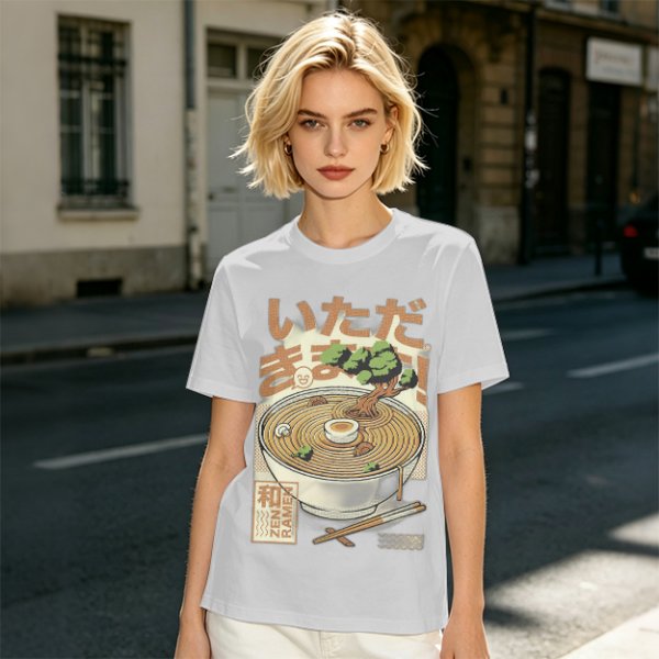 Olive green t-shirt with zen ramen bowl and bonsai tree print