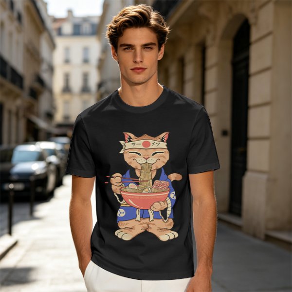 Olive T-Shirt Featuring a Cat in a Headband Eating Ramen