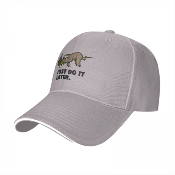 Black baseball cap with sloth graphic and 'Just Do It Later' text