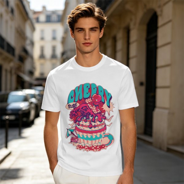 Olive T-shirt with Cherry Surf Cupcake Beach Graphic Print