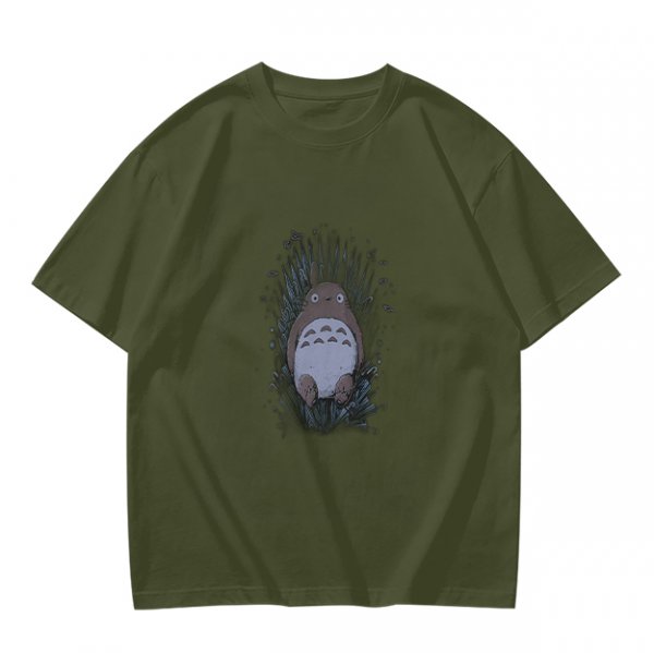 Olive Green T-Shirt With Totoro In Grass Graphic Print