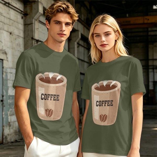 Olive Green T-Shirt With Coffee Cup Graphic Print