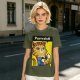 Olive green t-shirt with a cat in a Rosie the Riveter pose and 'Purrrsist!' text