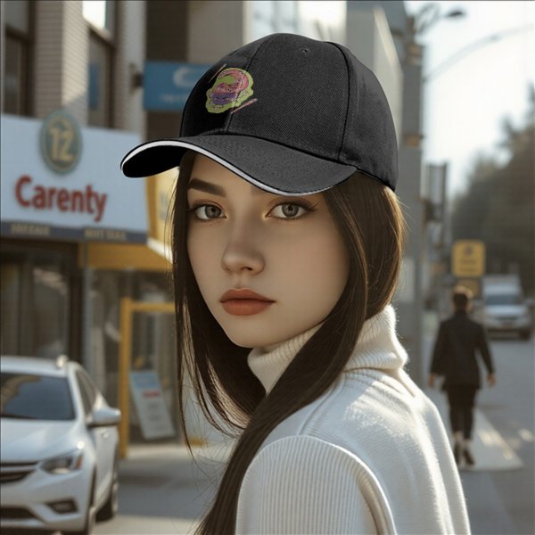 Black Baseball Cap With Surreal Cartoon Character Print