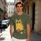 Olive T-Shirt With Cute Surprised Orange Tabby Cat Holding Meat Print