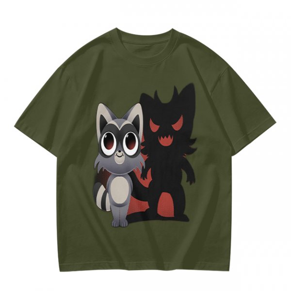 Olive T-Shirt With Cute Raccoon And Shadow Monster Graphic