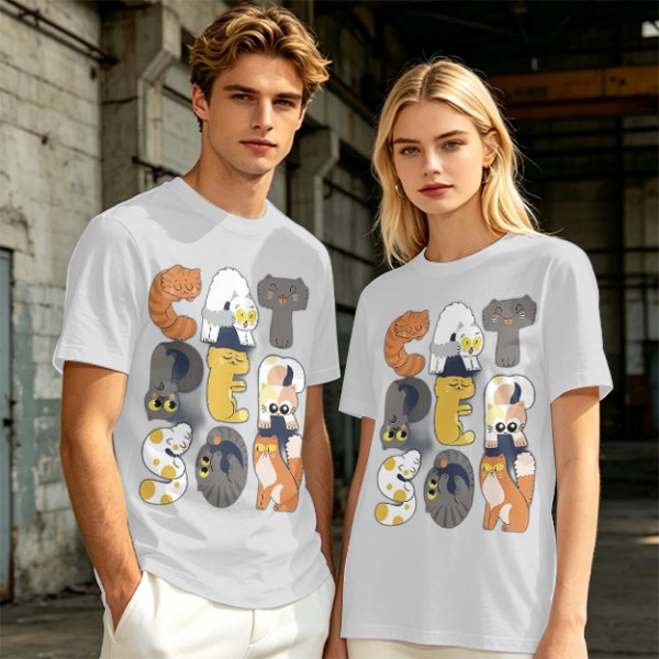 Olive T-Shirt With Cute Cat Letter Graphic Design