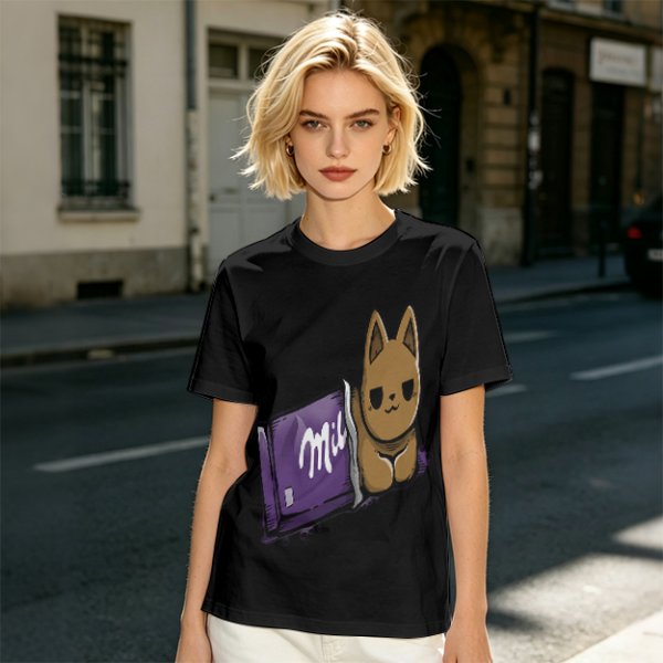 Olive T-shirt with a cartoon cat emerging from a purple chocolate wrapper print