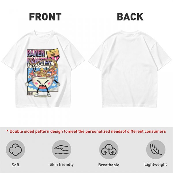 Olive green t-shirt with ramen monster anime graphic print
