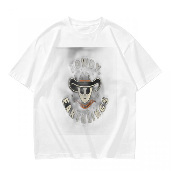Olive t-shirt with alien cowboy howdy earthlings graphic