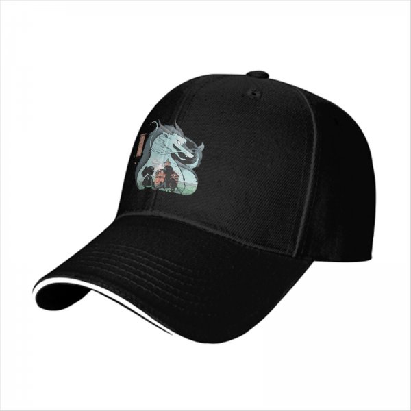 Black baseball cap with dragon and anime character graphic print
