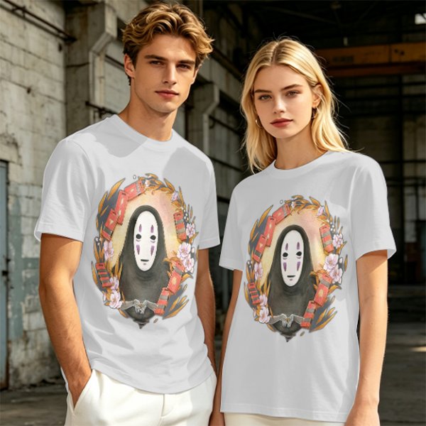Spirited Away No-Face Graphic Tee with Cherry Blossoms and Lanterns