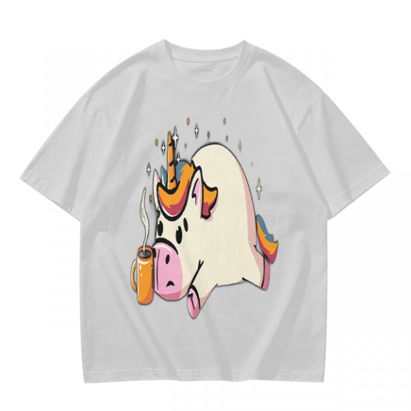 Olive T-Shirt With Tired Unicorn Holding Hot Coffee Print