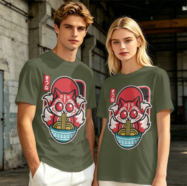 Olive t-shirt with cute kitsune fox eating ramen graphic