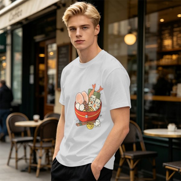 Olive T-Shirt With Cute Cat Ramen Bowl Graphic Print