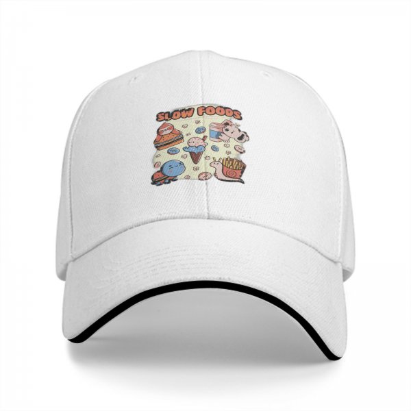Black baseball cap with cute slow foods themed cartoon print