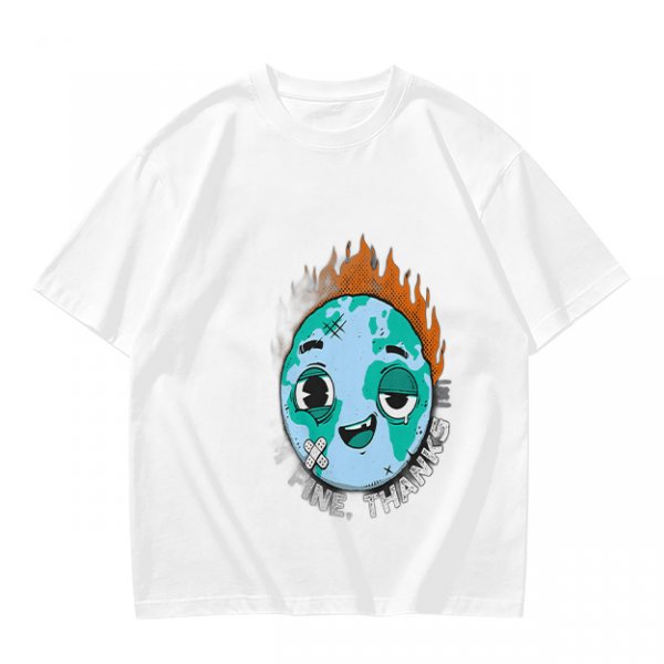 Olive T-shirt with Worn Burning Earth Graphic and 'Fine Thanks' Text