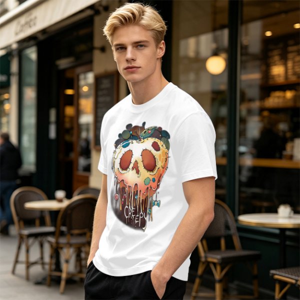 Olive Green T-Shirt With Creepy Melting Skull Apple Graphic