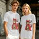 Olive T-shirt with a tabby cat in a devil hood and skull cat graphic