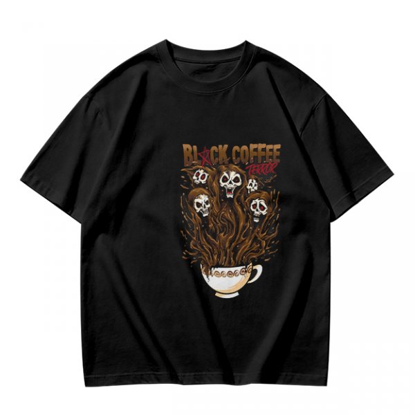 Black Coffee Skull Ghosts Graphic Olive Green T-Shirt