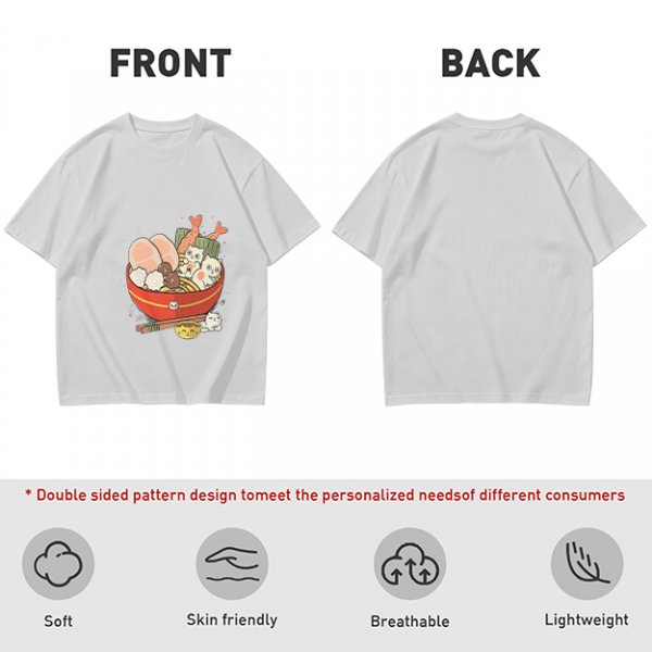 Olive T-Shirt With Cute Cat Ramen Bowl Graphic Print