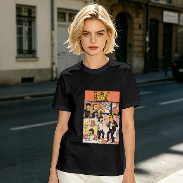 Olive green t-shirt with Yellow Fiction Simpson-style Pulp Fiction dance print