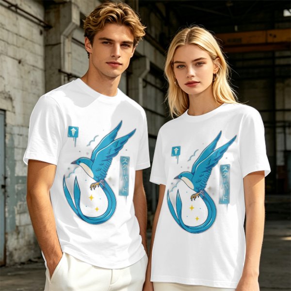 Olive T-shirt with Blue Star Bird and Japanese Graphic Print