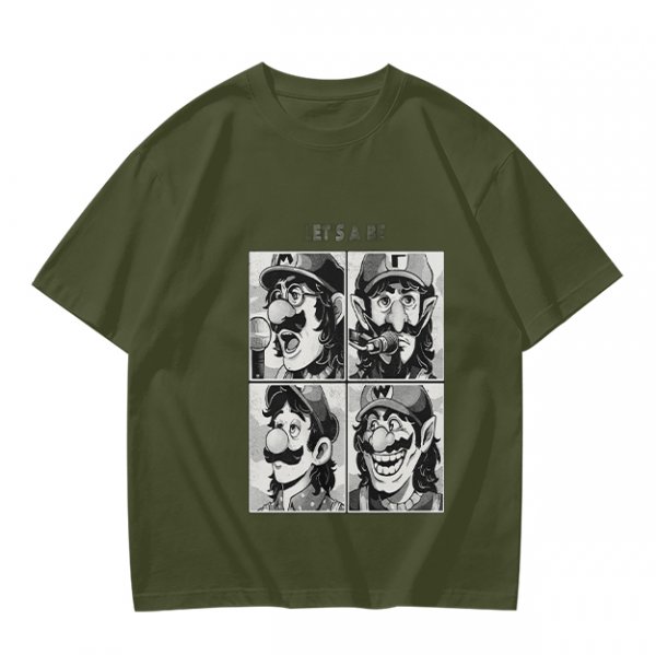 Olive T-Shirt with Retro Mario Brother Character Grid Art