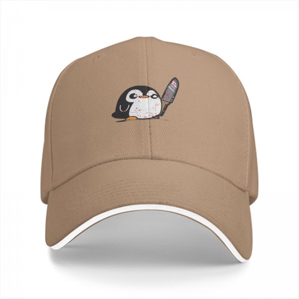 Black baseball cap with a cute penguin holding a bloodied knife print