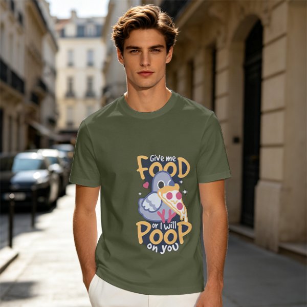 Olive t-shirt with funny pigeon pizza 'Give me food or I will poop' print