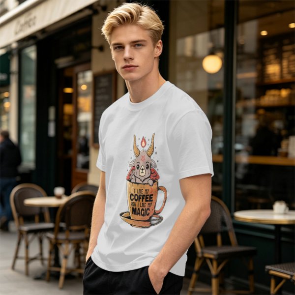 Olive t-shirt with cute Baphomet coffee magic print
