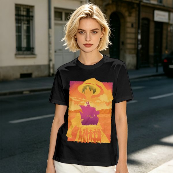 One Piece Straw Hat Crew Sunset Pirate Ship Graphic T-Shirt