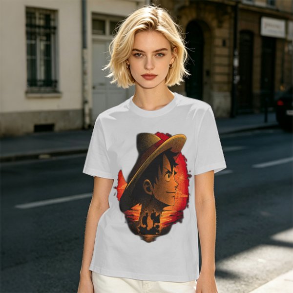 Olive T-Shirt Featuring Monkey D. Luffy Sunset Pirate Ship Art