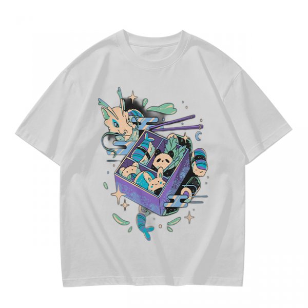 Olive t-shirt with whimsical bento box animal graphic print