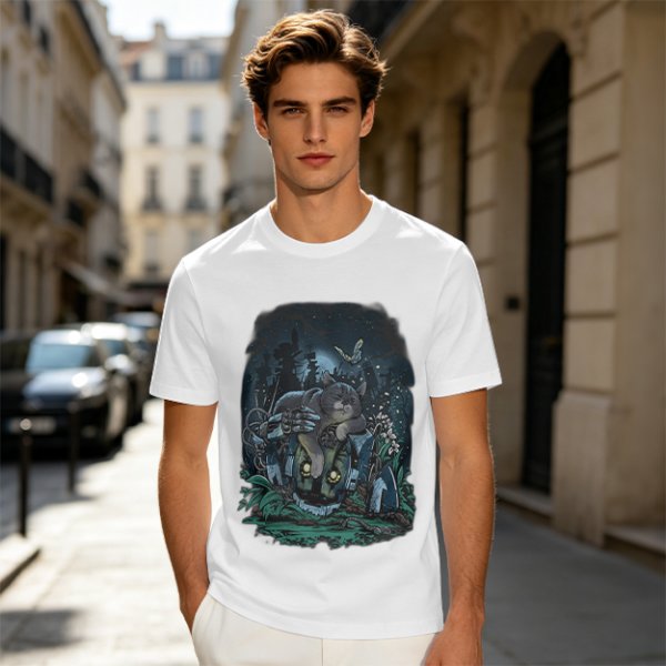 Olive Green T-Shirt With Night Graveyard Cat Illustration