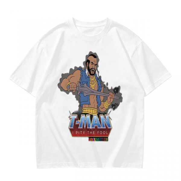 Olive T-shirt with T-Man He-Man parody graphic and 'I Pity The Fool' text