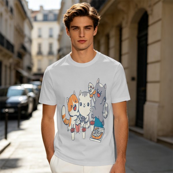 Olive T-Shirt With Cute Cats Enjoying Pizza And Snacks Print